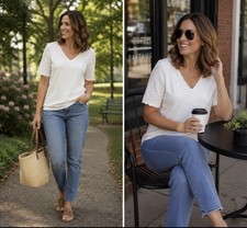 Talbots Pima Cotton Scallop Neck Blouse White Short Sleeve Soft  Top L picture