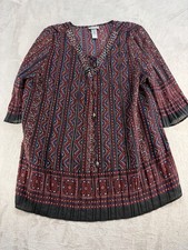 Catherines Blouse Tunic Womens 1X 3/4 Sleeves Boho Multicolor Casual picture