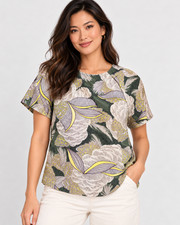 Zara Basic Women's M Green Floral Short Sleeve Blouse Botanical Print Top picture