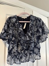 LOFT Floral Ruffle Sleeve Blouse Women’s Medium NWT Navy Floral picture