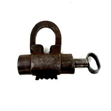 Rare Antique 19th Century Iron Barrel Padlock Orig Screw Key Hand Forged Lock picture