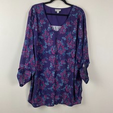 Catherines Popover Tunic Size 3X Purple Floral 3/4 Roll Tab Sleeve Stretch VNeck picture