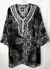 Signature JMB Top M Hippie Boho Silky Sheer Flowy Silver Sequins Tunic Shirt picture