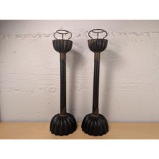 AS-IS Antique Japanese Shokudai Black Lacquer Wood Candlesticks Set of 2 picture
