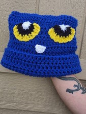 Handmade Crocheted Blue Cat Ear Beanie Hat With Yellow Eyes pete the cat hat picture