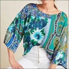 Tiny Anthropologie Blue Green Paisley Floral Ellery Top, Size XS picture