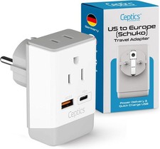 Ceptics Germany France Travel Plug Adapter, QC 3.0 & PD, Safe Dual USB & USB-C - picture