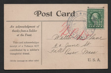 US 1918 WWI TOBACCO KIT ACKNOWLEDGEMENT TO FALL RIVER MA POSTAL CARD picture