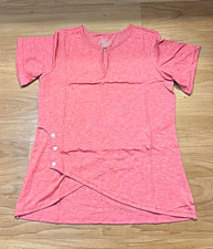 Women’s Pink Solid Knit Polyester Pullover T-Shirt, Short Sleeve, Button, M picture
