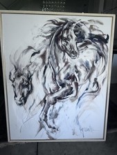 HYACINTHE KULLER BARON ORIGINAL LARGE CANVAS  HORSES - RARE EXCELLENT COND.  picture