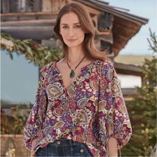 Sundance Belladonna Beauty Blouse Small 100% Cotton Poplin Paisley Floral Boho picture