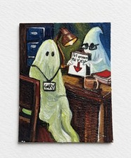 Gary's Performance Review Hand-Painted Original ACEO Ghost Funny Office Art picture