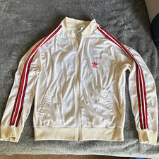 Vintage Adidas Originals L White Track Jacket Full-Zip Pockets Stand-Up Striped picture