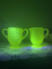 Fenton Topaz Hobnail Vaseline Glass Sugar & Creamer Set - Vintage - IT GLOWS picture