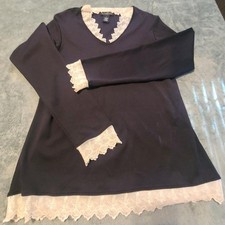 Dialogue Womens Navy Blue Lace Trim V-Neck Long Sleeve Top Size S. S7 picture