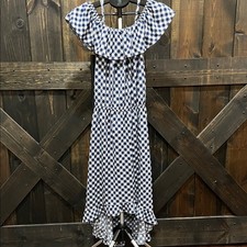 Lildy Plaid Off The Shoulder Midi Dress L XL Blue White Ruffle Boho Cottagecore picture