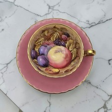 Vintage Aynsley Orchard Fruit Footed Teacup Saucer D Jones Pink Gold 5.5