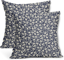 Navy Blue Beige Daisy Floral Pillow Covers 18X18 Inch Vintage Flowers Decorativ picture