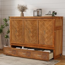 Queen Size Murphy Bed Pine Wood Cabinet Bed with Large Drawer & USB Port Walnut picture