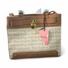 Juicy Couture Tan Beige Logo Print Satchel Handbag Purse Gold Hardware NWT picture