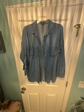 New Leaf Denim Shirt Size 1X Blue Button Front Raw Hem Pocket Sleeveless picture