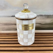Williams Sonoma MacKenzie-Childs Mocha Check Enamel Canister Large Flaw Read OB picture