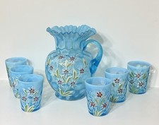 Fenton Art Glass Colonial Blue Opalescent Coin Dot Decorated Pitcher +6 Tumblers picture