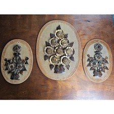 Vintage 70s Carved Wood Floral Wall Plaques Set of 3 Boho Rustic Decor picture