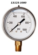 Pressure Gauge 0-1000 PSI, Liquid Filled 2.5” Stainless Steel  1/4