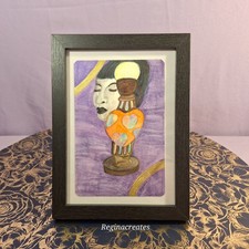 Original Signed Mixed Media Painting Surreal Lamp Portrait Framed 6x8 Regina L picture