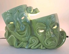 Unusual Vintage Tragedy & Comedy Face Masks TV Lamp Green Ceramic Bulb Not Incl picture