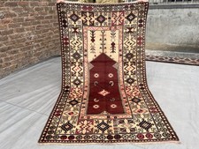 Traditional Prayer Rug 3'11x6'11 Brown Wool Anatolian Geometric Hallway Area Rug picture