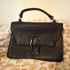  GUESS Black Top Handle Flap Bag Purse Silver Hardware G Logo Monogram Inside picture