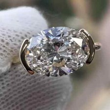 3.88 Ct Oval Moissanite Bezel East West Engagement Ring 14k White Gold Plated picture