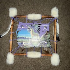 Native American Mandella Painting on Hide w/Log Frame Artist Signed Fur, Feather picture