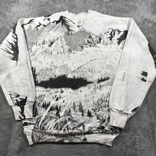 Vintage 90s AOP Wolf Elk Mountain Sweatshirt Mens Medium Nature All Over Print picture