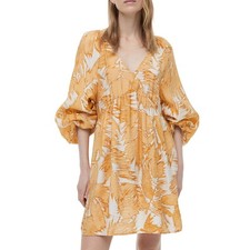 H&M Mini Dress Yellow White Pattern Balloon Sleeve V Neck Women's Size Small NWT picture