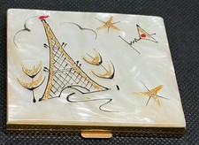 Vintage Schildkraut Art Deco MOP Paris Eiffel Tower Gold Tone Powder Compact picture