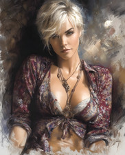 Short-Haired Blonde in a Floral Blouse with Layered Pendants Print - 796741402 picture