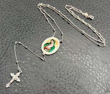 Vintage Dyadema Sterling Silver Rosary Enamel Mary Medal Necklace Pendant Cross picture