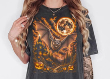 Vintage Bat Moon Haunted House Pumpkin Halloween Shirt picture