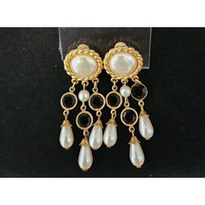 Vintage Signed Carolee 1990's Faux Pearl and Black Rhinestone Gold Tone Earrings picture