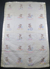 Vintage Handmade Embroidered baby Blanket Quilt Baby Bear picture