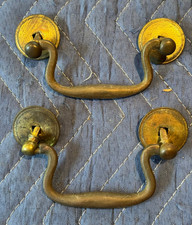 Pair of Large Antique Brass Rosette & Bail Chippendale Drawer Pulls picture