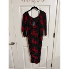 NWT Torrid Size 0 Black Red Rose Floral Ruched Bodycon Midi Dress picture