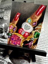 Original Art Edition Manicure Red Nails Jewelry Gold Ring Hand Painted ACEO OOAK picture