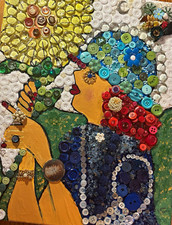 Original Mixed Media 3D Collage Women & Sunflower Art vintage items.18x24Framed  picture
