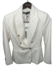 Zara off white textured double breasted Jacket blazer sz S NWT Preppy Old Money picture