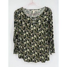 Emaline Green Petite Sz PXL Floral Lace Up Neck 3/4 Sleeve Rayon Top Womens picture