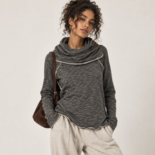 FP Beach Free People Charcoal Grey Marled Cowl Neck Cozy Long Sleeve Top picture